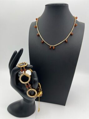 Signed Miriam Haskell Vintage Jewelry Set Gold Amber Rhinestone Demi-Parure